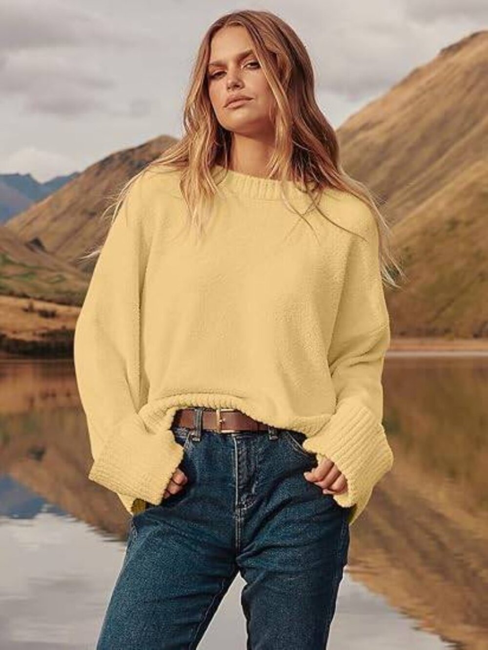 Pinkara Butter Yellow Fuzzy Knit Oversized Crewneck Sweater Size S